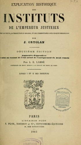 Cover for Explication historique des Instituts de l'empereur Justinien