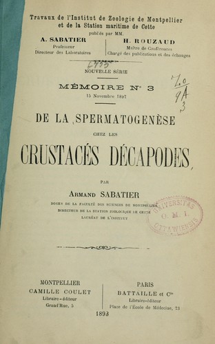 Cover for De la spermatogenèse chez les crustacés décapodes