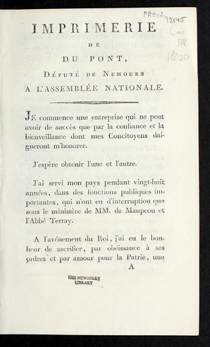 Cover for Imprimerie de Du Pont, de pute  de Nemours a l'Assemble e nationale