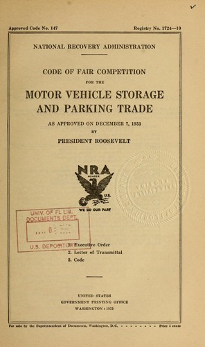 Cover for Code of fair competition for the motor vehicle storage and parking trade