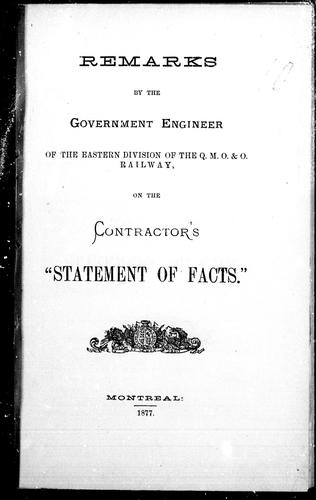 Cover for Remarks by the government engineer [A.L. Light] of the eastern division of the Q.M.O. & O. Railway [Quebec, Montreal, Ottawa & Occidental Railway] on the contractor's "statement of facts"