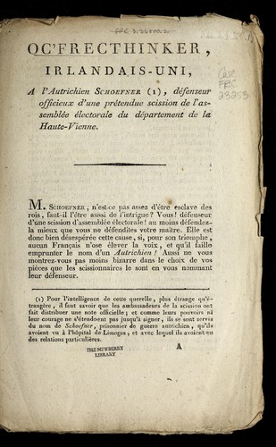 Cover for Oc'Frecthinker, Irlandais-uni, a l'Autrichien Schoefner, de fenseur officieux d'une pre tendue scission de l'assemble e e lectorale du de partement de la Haute-Vienne