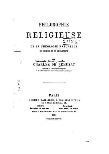 Cover for Philosophie religieuse de la théologie naturelle en France et en Angleterre