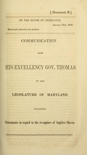 Cover for Communication from his excellency Gov. Thomas to the legislature of Maryland