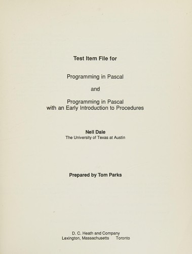 Cover for Test Item File for Programming in Pascal and Programming in Pascal with an Early Introduction to Procedures
