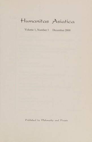 Cover for Humanitas Asiatica.  An International Journal of Philosophy