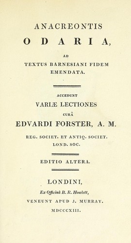 Cover for Anacreontis Odaria, ad textus Barnesiani fidem emendata