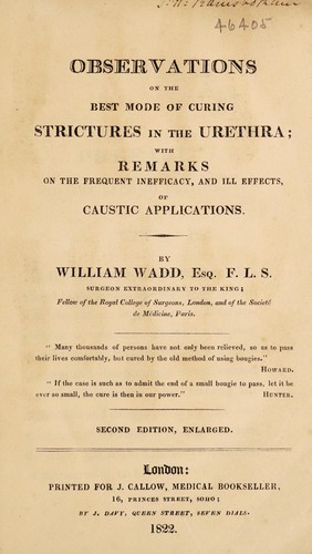 Cover for Observations on the best mode of relieving strictures in the urethra; with remarks on the frequent inefficacy, and ill effects, of caustic applications