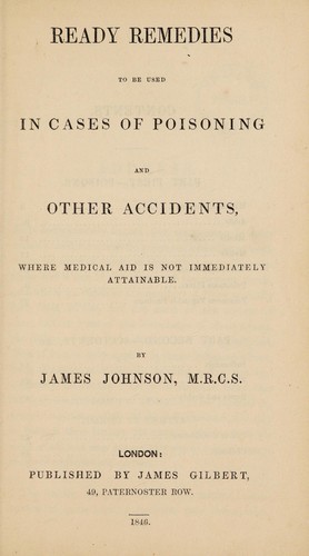 Cover for Ready remedies to be used in cases of poisoning and other accidents, where medical aid is not immediately available