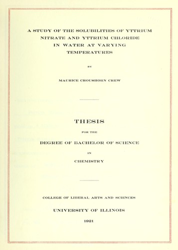 Cover for A study of the solubilities of yttrium nitrate and yttrium chloride in water and varying temperatures