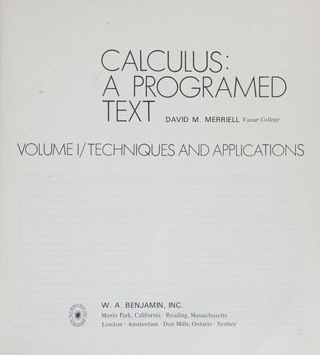 Cover for Calculus, a Programmed Text, Vol. 1 Techniques and A