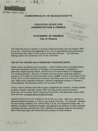 Cover for Statement of findings, city of Chelsea