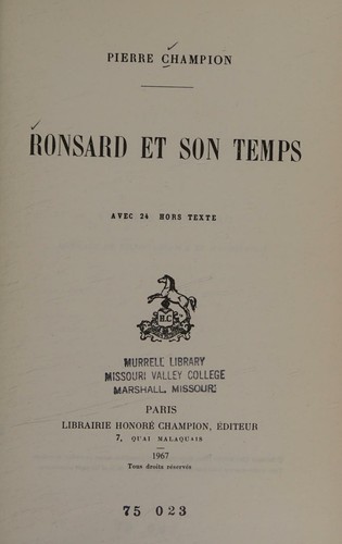 Cover for Ronsard et son Temps