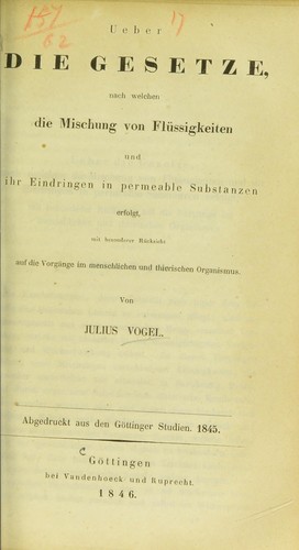 Cover for Ueber die Gesetze, nach welchen die Mischung von Fl©ơssigkeiten und ihr Eindringen in permeable Substanzen erfolgt
