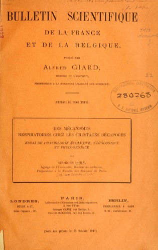 Cover for Des mécanismes respiratoires chez les Crustacés Décapodes; essai de physiologie évolutive, éthnologique et phylogénique