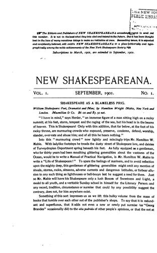 Cover for New Shakespeareana: A Twentieth Century Review of Shakespearean and Dramatic Study Conducted by ...