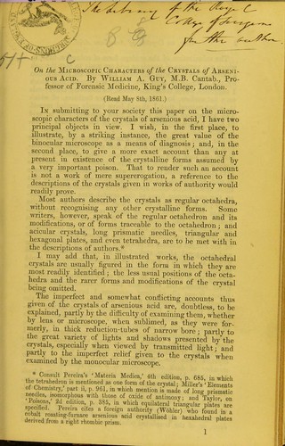 Cover for On the microscopic characters of the crystals of arsenious acid