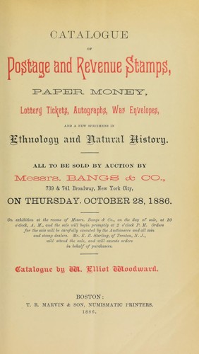 Cover for Catalogue of postage and revenue stamps, paper money, lottery tickets, autographs, war envelopes, and a few specimens in ethnology and natural history