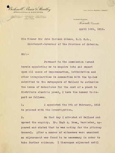 Cover for Report [of the] Commission to Enquire Into Certain Irregularaties in Connection With Voting on a Certain By-Law of the Town of Welland