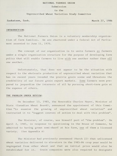 Cover for Submission to the Unprescribed Wheat Varieties Study Committee, Saskatoon, Sask., March 27, 1986