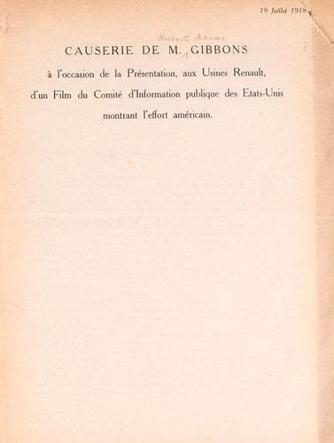Cover for Causerie de M. Gibbons, a   l'occasion de la pre sentation aux Usines Renault d'un film du Comite  d'information publique des Etats-Unis, montrant l'effort ame ricain