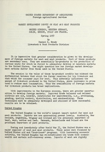 Cover for Market development survey on meat and meat products in United Kingdom, Western Germany, Spain, Greece, Italy and France, Spring 1957