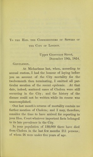 Cover for Report on the cholera epidemic of 1854, as it prevailed in the City of London