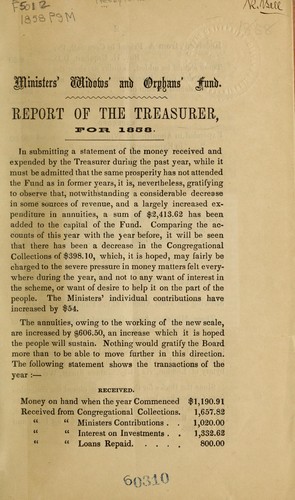 Cover for Ministers' widows' and orphans' fund.  Report of the treasurer for 1858
