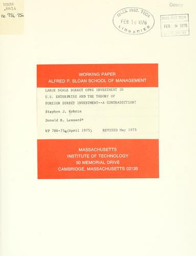 Cover for Large scale direct OPEC investment in U.S. enterprise and the theory of foreign direct investment
