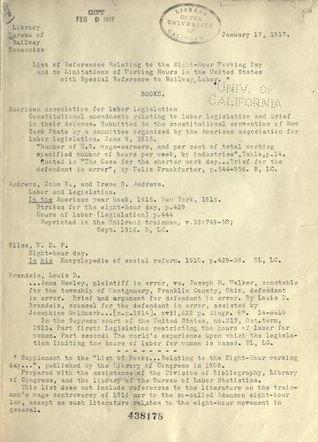 Cover for List of references relating to the eight-hour working day and to limitations of working hours in the United States, with special reference to railway labor.