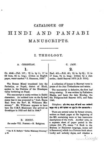 Cover for Catalogue of the Hindi, Panjabi and Hindustani manuscripts in the library of the British museum