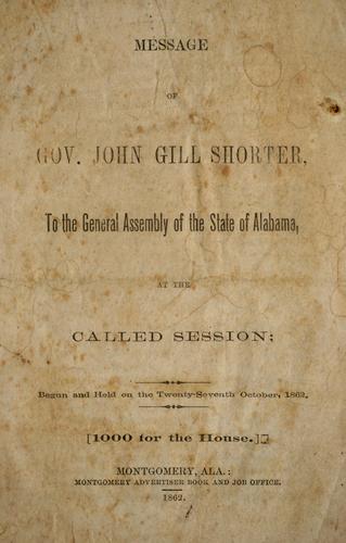 Cover for Message of Gov. John Gill Shorter, to the General Assembly of the state of Alabama