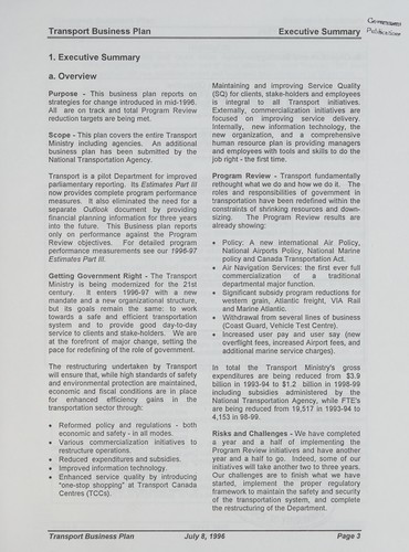 Cover for Transport Canada 1996-97 business plan.