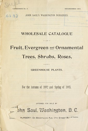Cover for Wholesale catalogue of fruit, evergreen and ornamental trees shrubs, roses, greenhouse plants for the autumn of 1892 and spring 1893