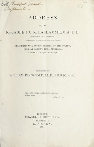 Cover for Address of the Rev. Abbé J.C.K. Laflamme ...,vice president of the Roya Society of Canada, delivered at a public meeting of the society held at Queen's Hall,  Montreal, Wednesday, 27th May, 1891
