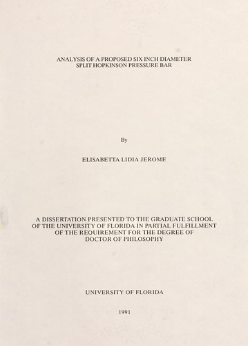 Cover for Analysis of a proposed six inch diameter Split Hopkinson Pressure Bar