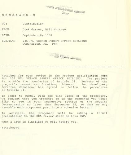 Cover for 236 mt. Vernon street office building, project notification form.