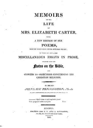 Cover for Memoirs of the Life of Mrs. Elizabeth Carter,: With a New Edition of Her Poems, Some of which ...