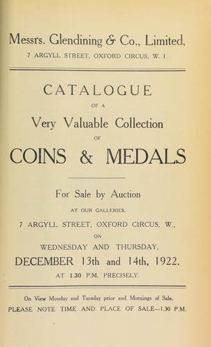 Cover for Catalogue of a very valuable collection of coins & medals, the [properties] of the late W.H. Dudney, Esq., Hove; Rev. E. P. Barron; Col. R.K. Morcom; the late Col. Sir William Watts, K.C.B.; [etc.] ...