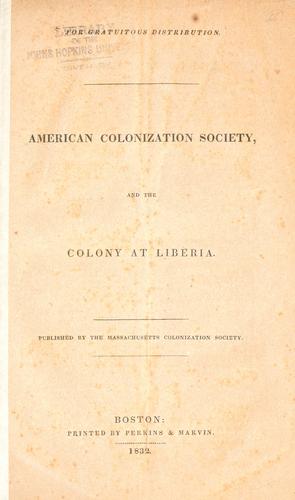 Cover for American Colonization Society, and the colony at Liberia.