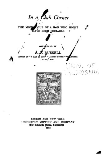 Cover for In a club corner: the monologue of a man who might have been sociable