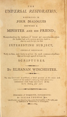 Cover for The universal restoration, exhibited in four dialogues between a minister and his friend