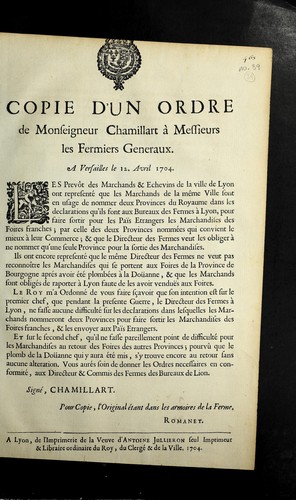 Cover for Copie d'un ordre de Monseigneur Chamillart a   Messieurs les fermiers generaux