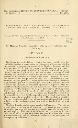 Cover for Commission to recommend a design and site for a monument or monumental memorial to Abraham Lincoln, etc. ...