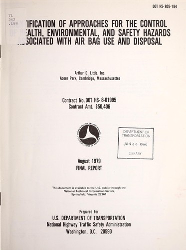 Cover for Identification of approaches for the control of health, environmental, and safety hazards associated with air bag use and disposal