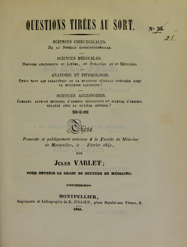 Cover for Th©·se pr©♭sent©♭e et publiquement soutenue ©  la Facult©♭ de m©♭decine de Montpellier, le [...] f©♭vrier 1841