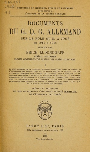 Cover for Documents du G.Q.G. allemand sur le ro͠le gu'il à joué de 1916 à 1918