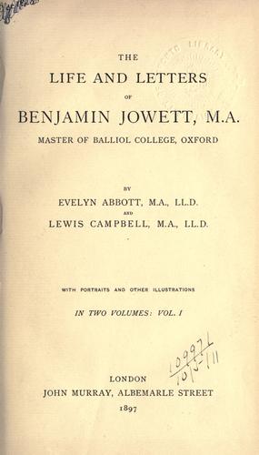 Cover for life and letters of Benjamin Jowett, M.A., master of Balliol College, Oxford
