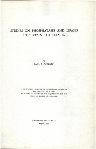 Cover for Studies on phosphatases and lipases in certain turbellaria ...