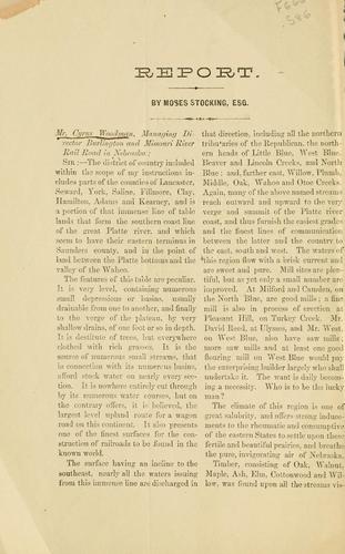Cover for Reports of Moses Stocking, esq., and L. R. Warner, esq., on the lands belonging to the Burlington & Missouri River railroad company in Nebraska, and other valuable information.
